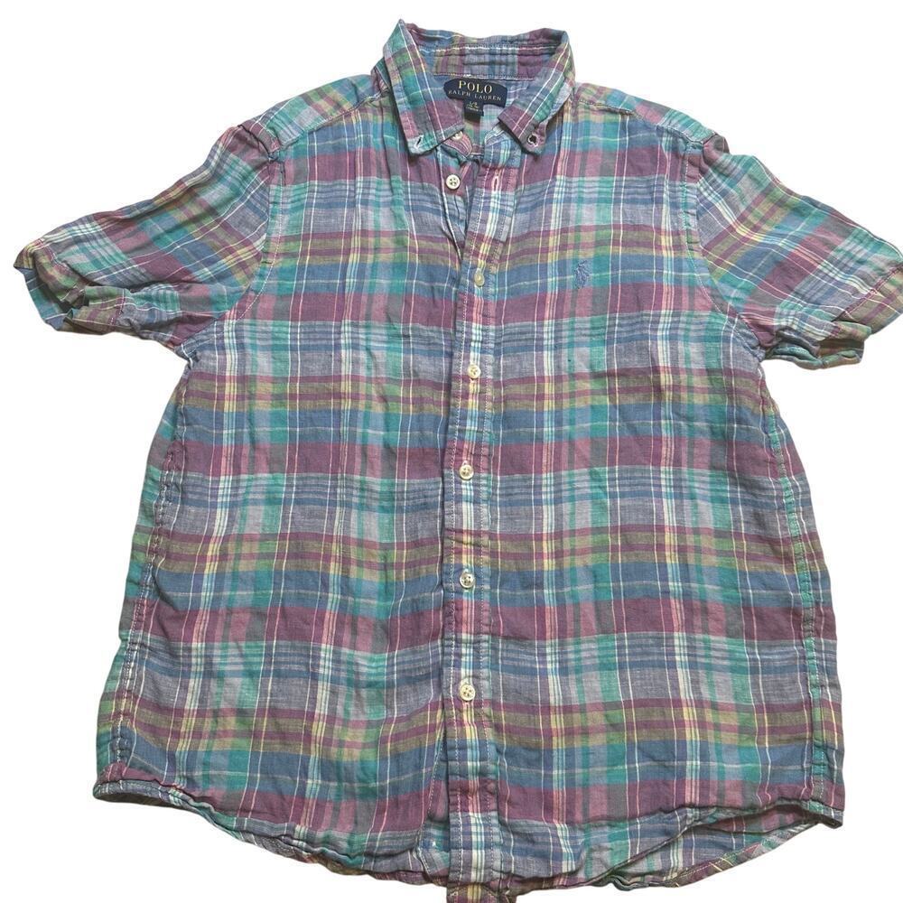 Polo Ralph Lauren 100% Linen Plaid Button Down Shirt sz L (14-16) Madras Plaid